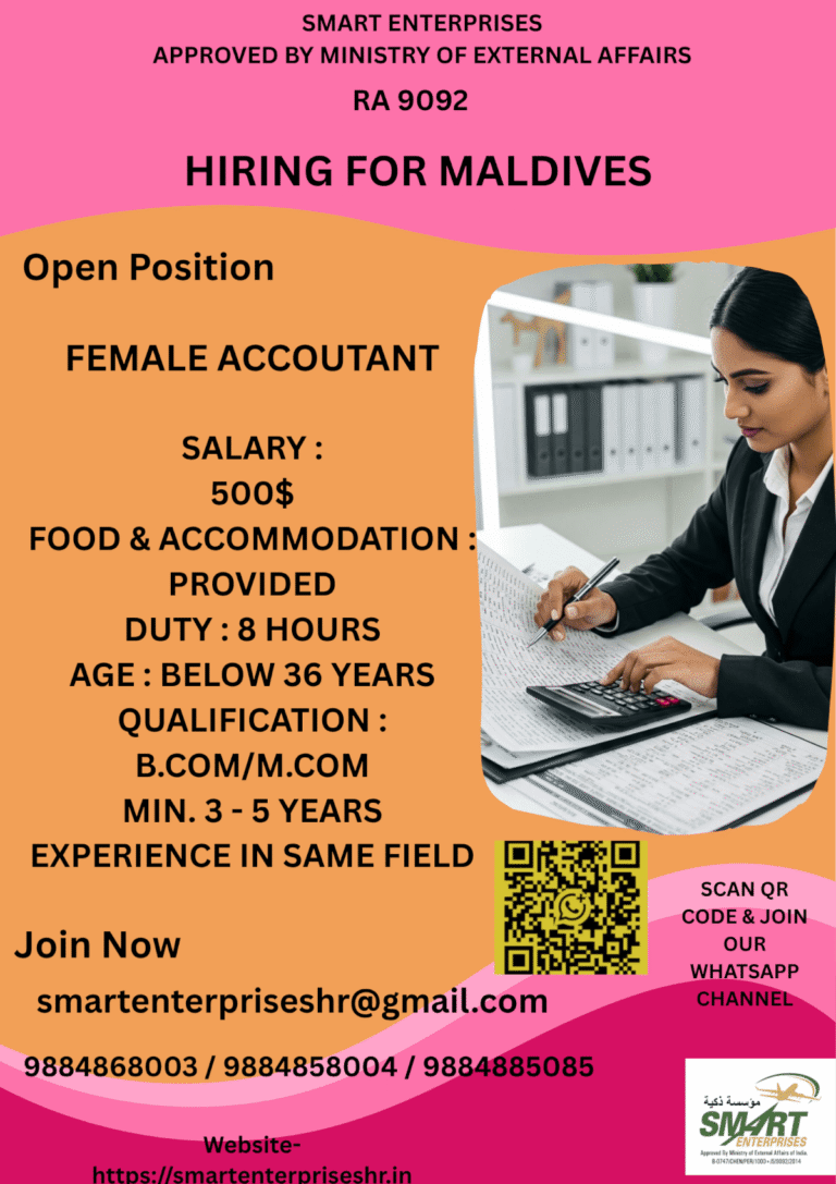 Maldives Female Accountant Jobs 2026 – Apply Now | Salary $500 + Free Food & Accommodation