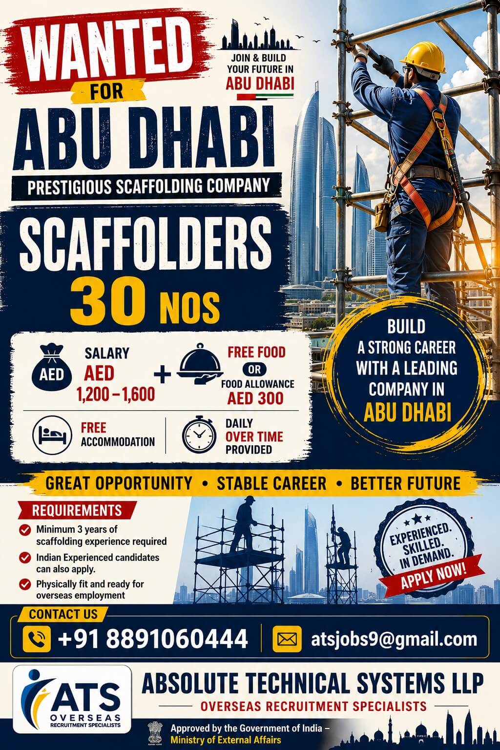 Abu Dhabi Scaffolder Jobs 2026 – Urgent Recruitment for 30 Scaffolders | Free Accommodation & Overtime
