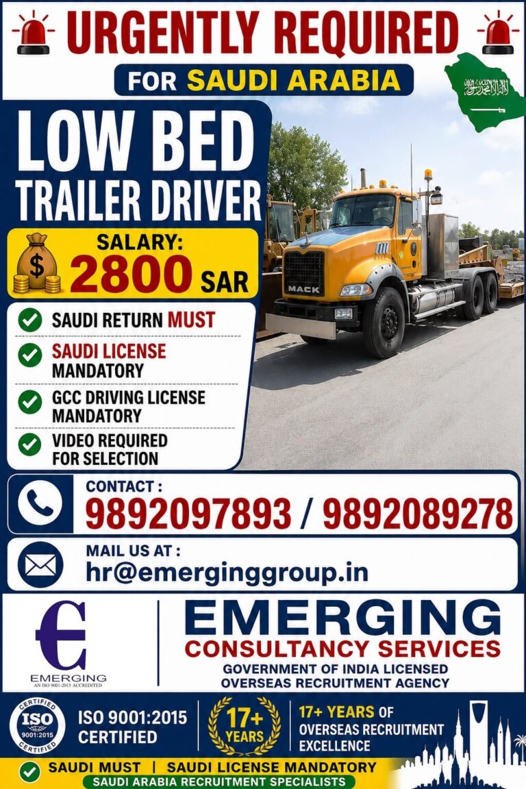 Saudi Arabia Low Bed Trailer Driver Jobs 2026 – Salary 2800 SAR | Apply Now