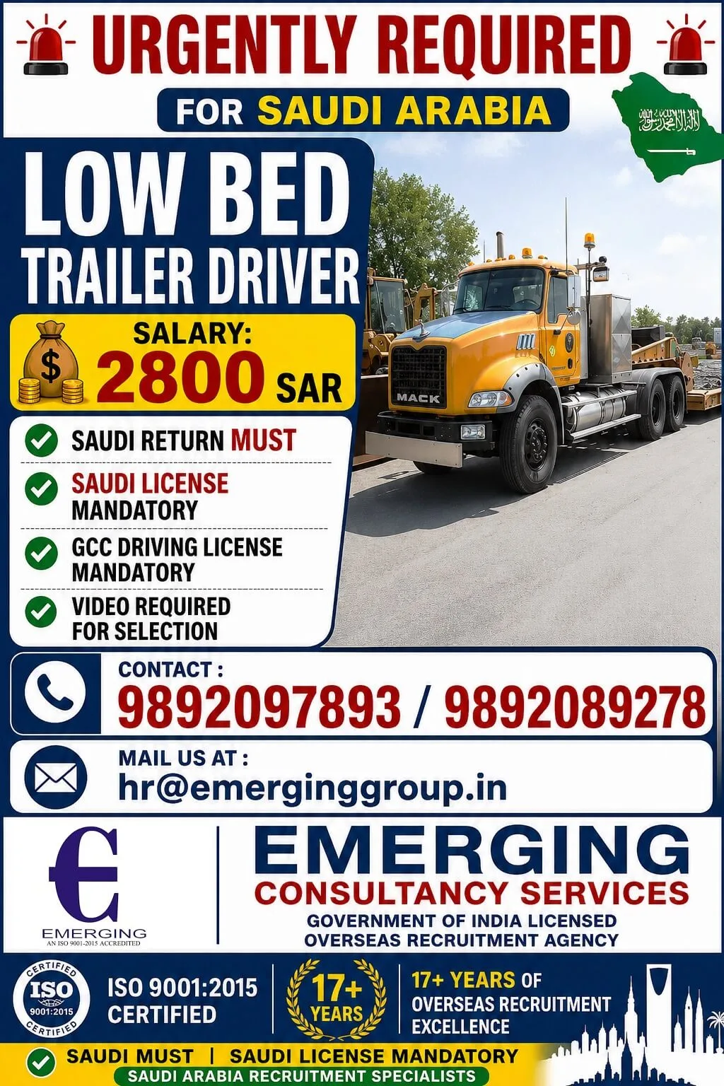 Saudi Arabia Low Bed Trailer Driver Jobs 2026 – Salary 2800 SAR | Apply Now
