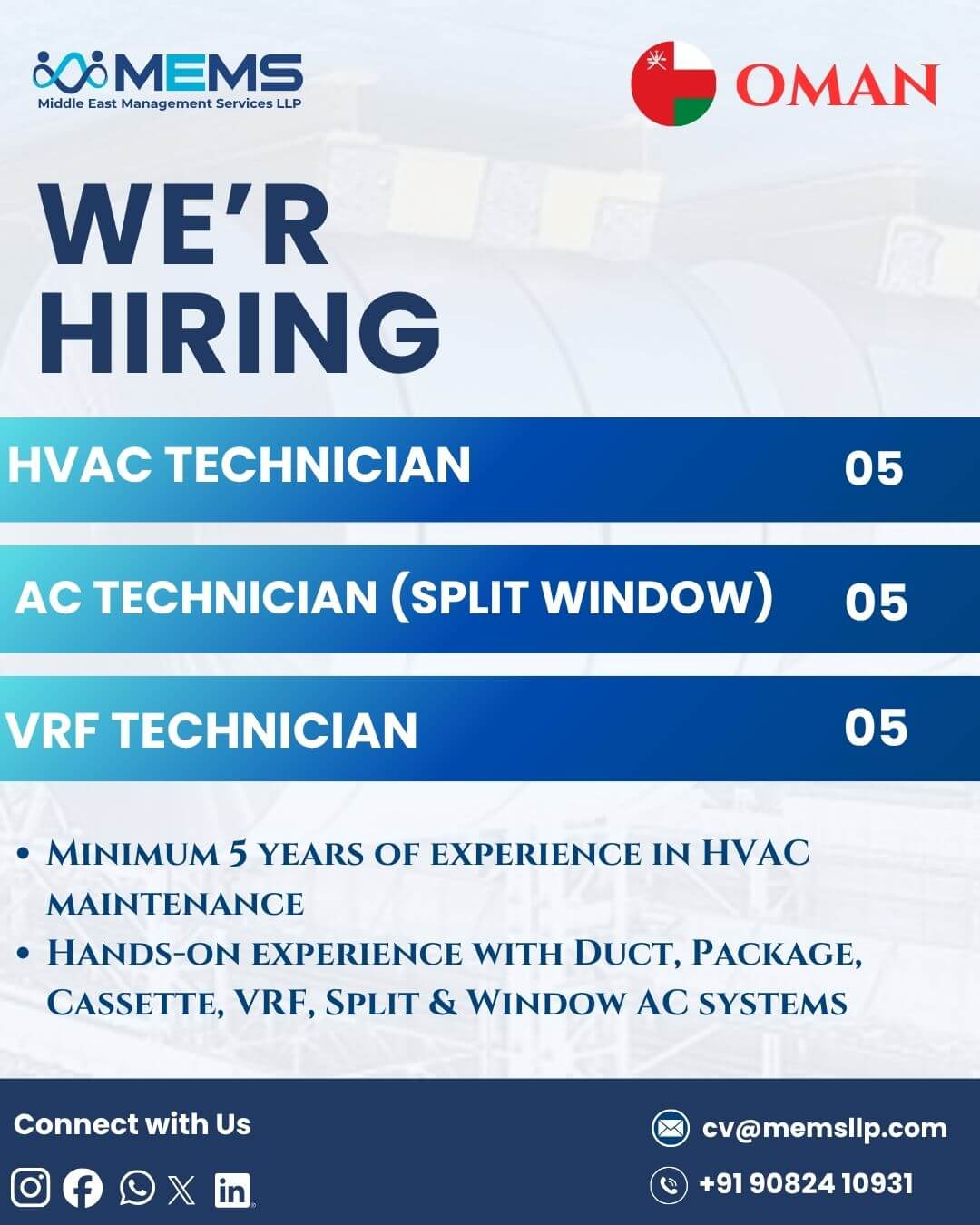 Oman HVAC Technician Jobs 2026 – MEMS LLP Recruitment for HVAC, AC & VRF Technicians