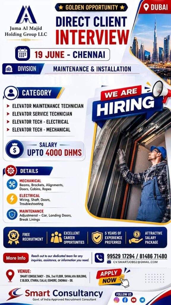 Elevator Technician Jobs in Dubai 2026 | Direct Client Interview in Chennai for Juma Al Majid Holding Group