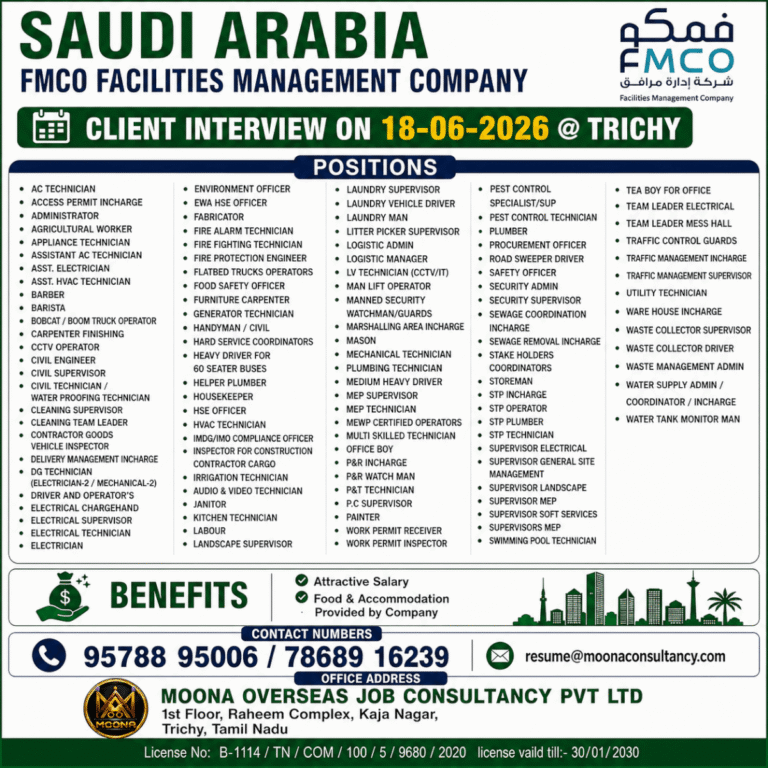 Saudi Arabia FMCO Facilities Management Company Recruitment 2026 – Client Interview on 18 June at Trichy