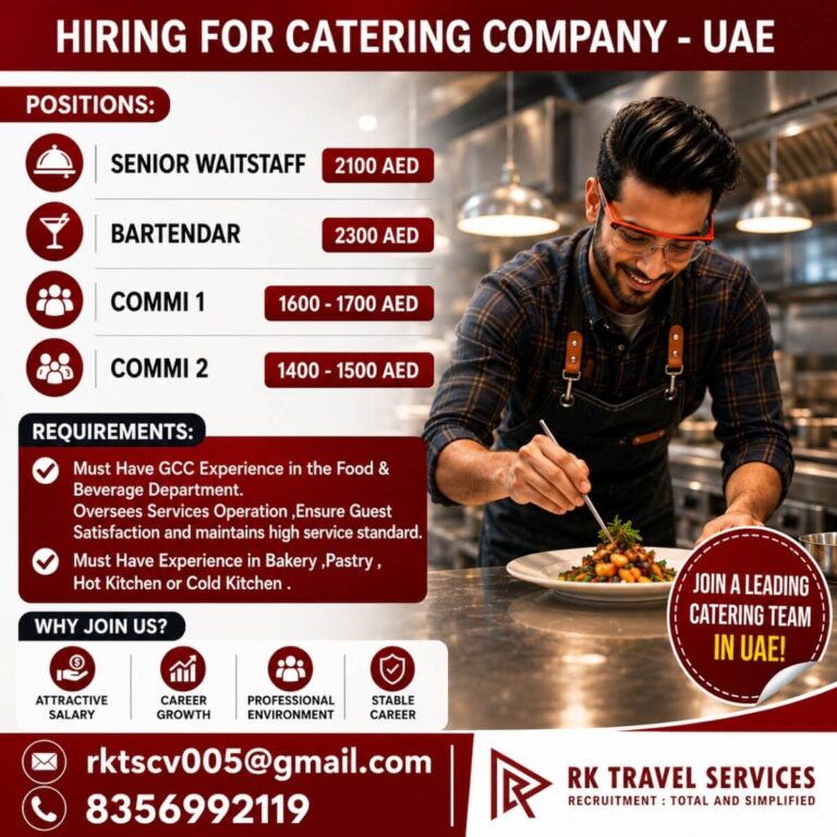 UAE Catering Company Jobs 2026 – Senior Waitstaff, Bartender, Commi 1 & Commi 2 Vacancies