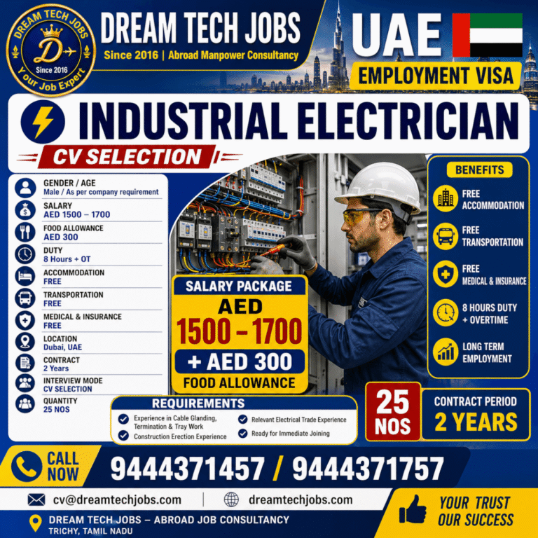 Industrial Electrician Jobs in Dubai UAE 2026 – CV Selection | Salary AED 1700 + Food Allowance