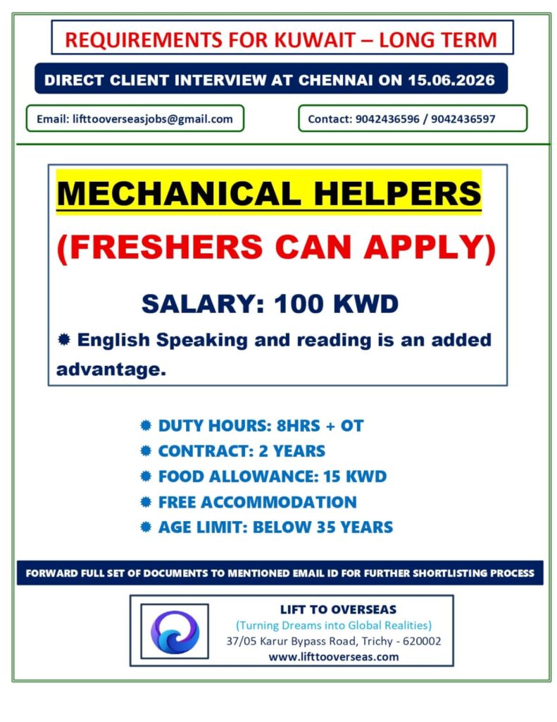 Mechanical Helper Jobs in Kuwait 2026 – Freshers Can Apply