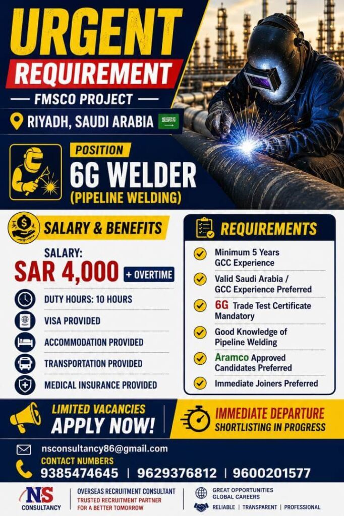 6G Welder Jobs in Saudi Arabia 2026 – Immediate Departure for FMCSO Project
