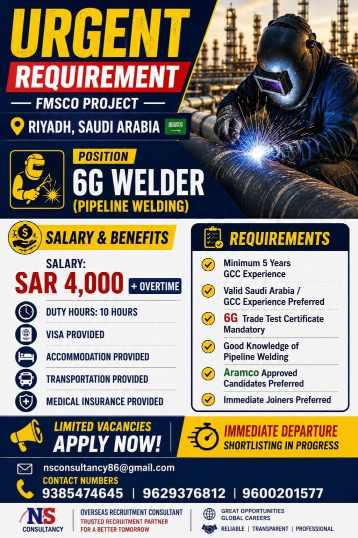 6G Welder Jobs in Saudi Arabia 2026 – Immediate Departure for FMCSO Project