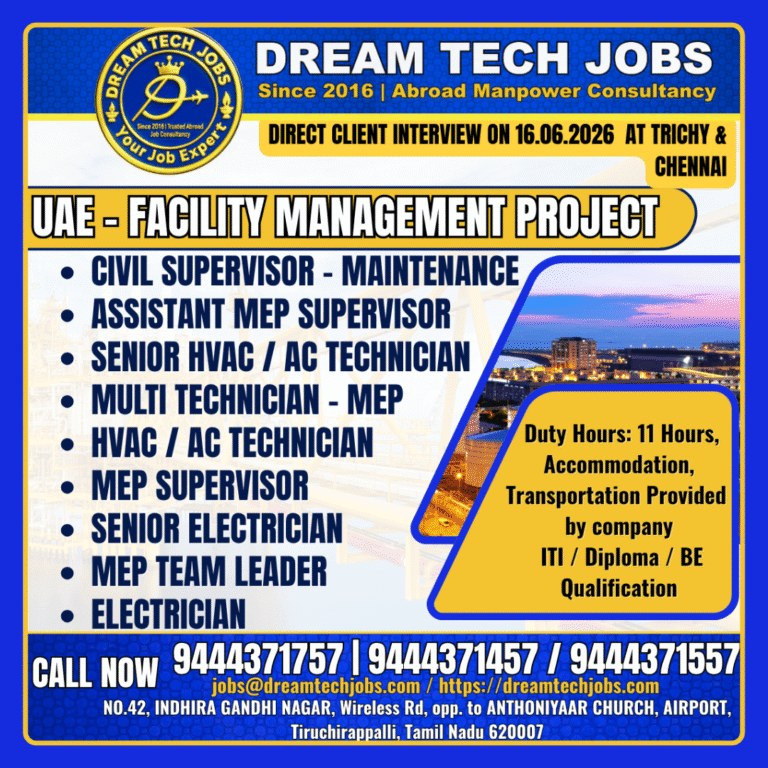 UAE Facility Management Project Jobs 2026 – Direct Client Interview in Trichy & Chennai