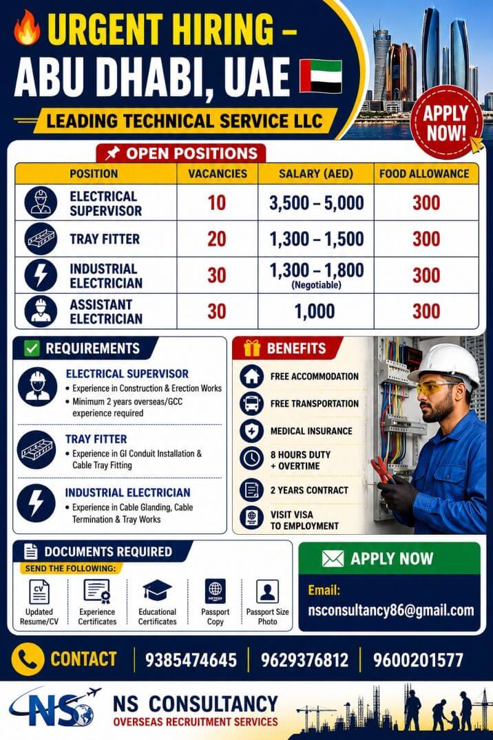 Abu Dhabi Electrical Jobs 2026 – Leading Technical Service LLC Urgent Hiring