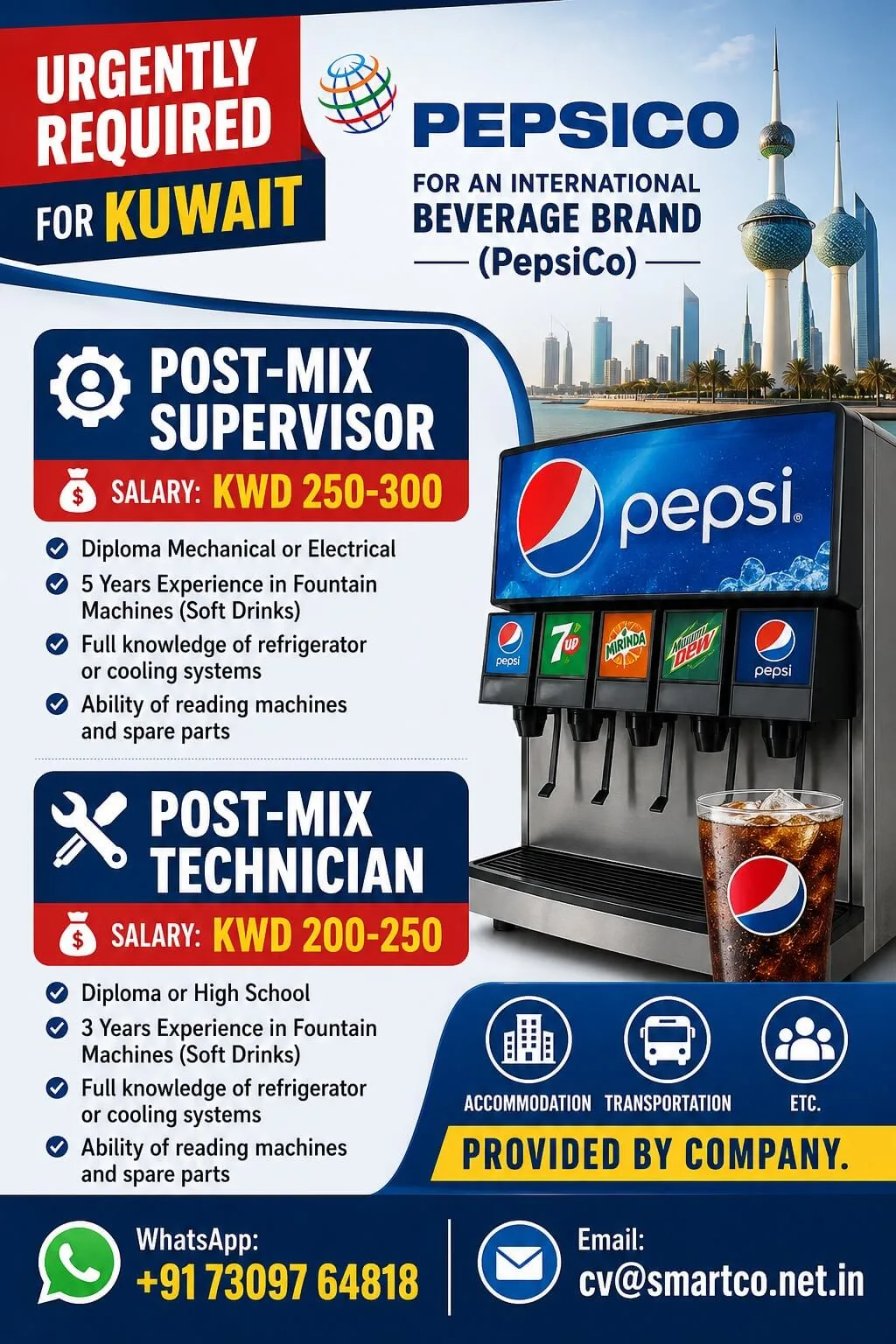PepsiCo Kuwait Jobs 2026: Immediate Hiring for Post-Mix Supervisor and Technician
