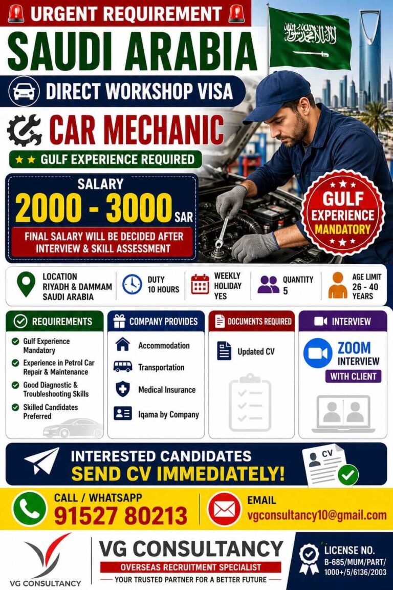 Car Mechanic Jobs in Saudi Arabia 2026 – Urgent Recruitment