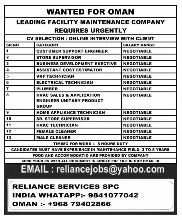Oman Facility Maintenance Company Recruitment 2026