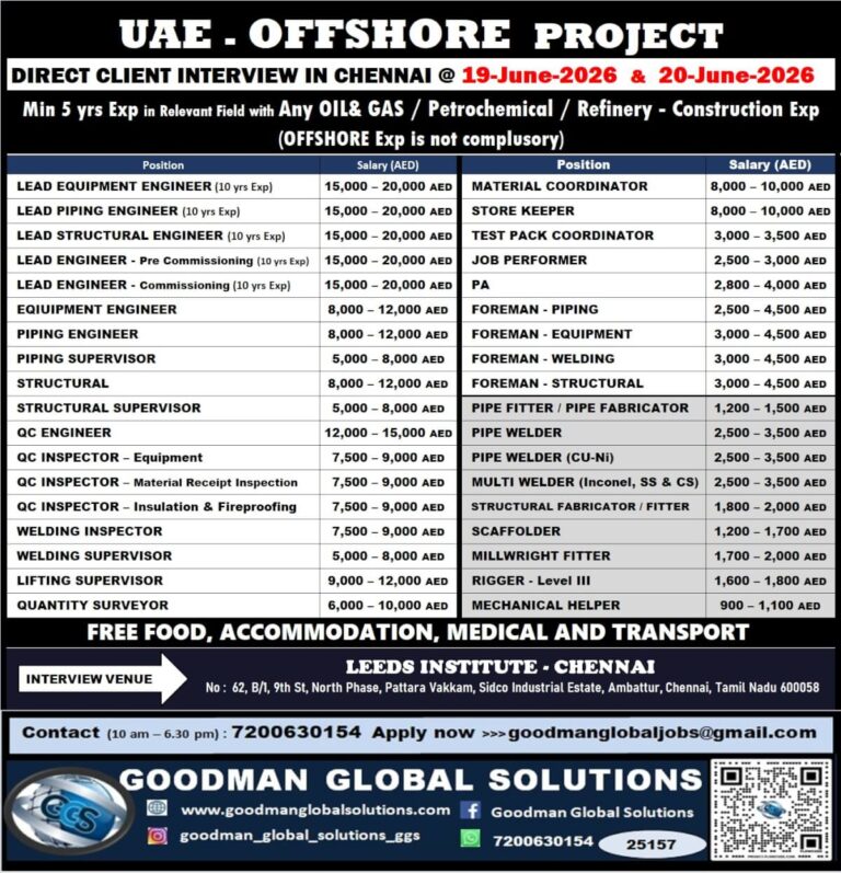 UAE Offshore Project Jobs 2026 – Direct Client Interview in Chennai