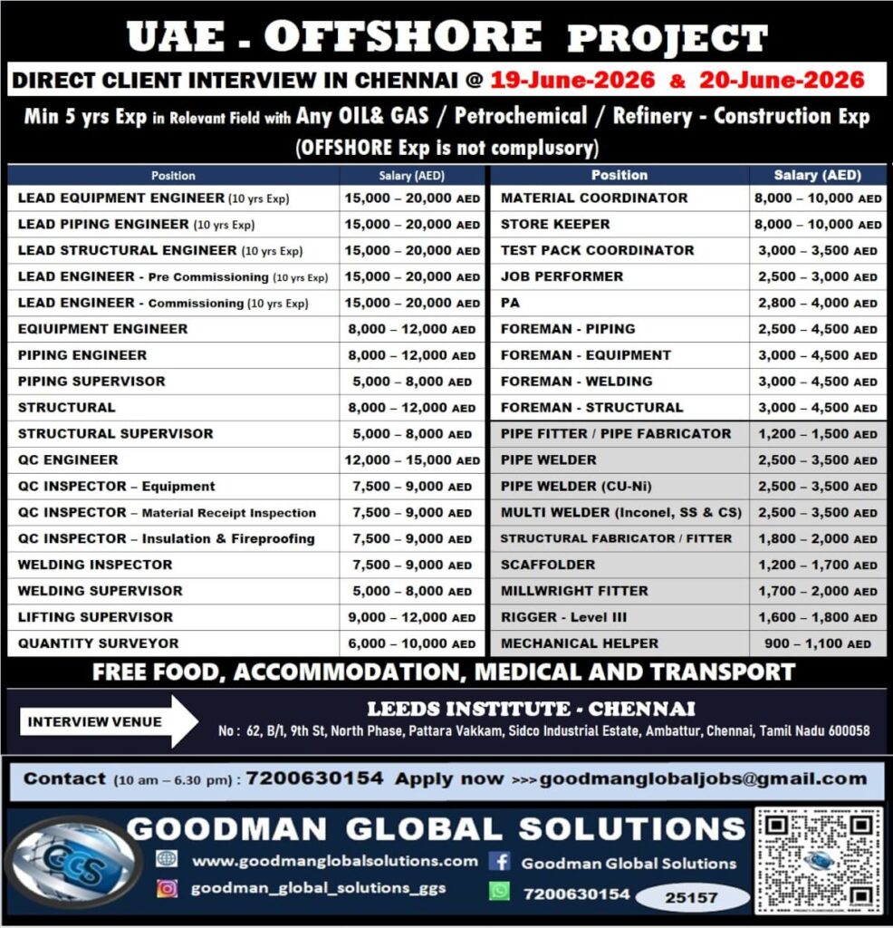 UAE Offshore Project Jobs 2026 – Direct Client Interview in Chennai