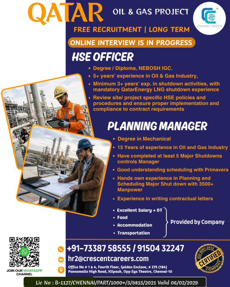 Qatar Oil & Gas Project Jobs 2026 – HSE Officer & Planning Manager | Free Recruitment