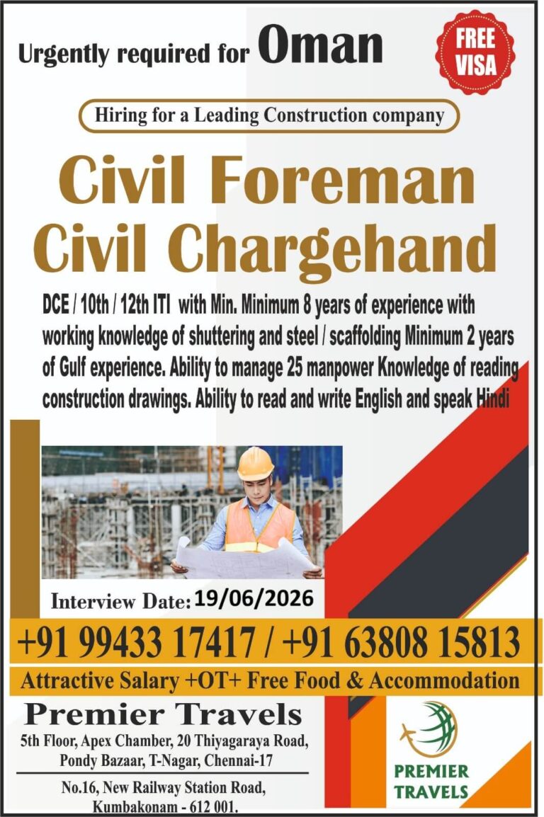 Oman Civil Foreman & Civil Chargehand Jobs 2026 