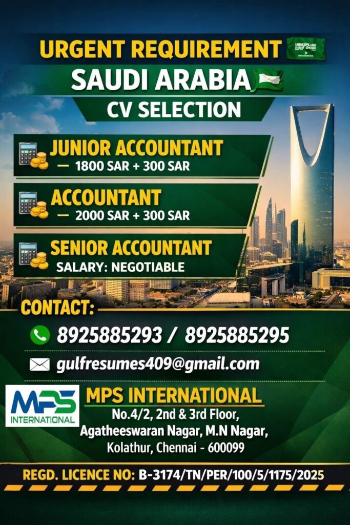 Saudi Arabia Accountant Jobs 2026 – Urgent Requirement for Junior Accountant, Accountant & Senior Accountant