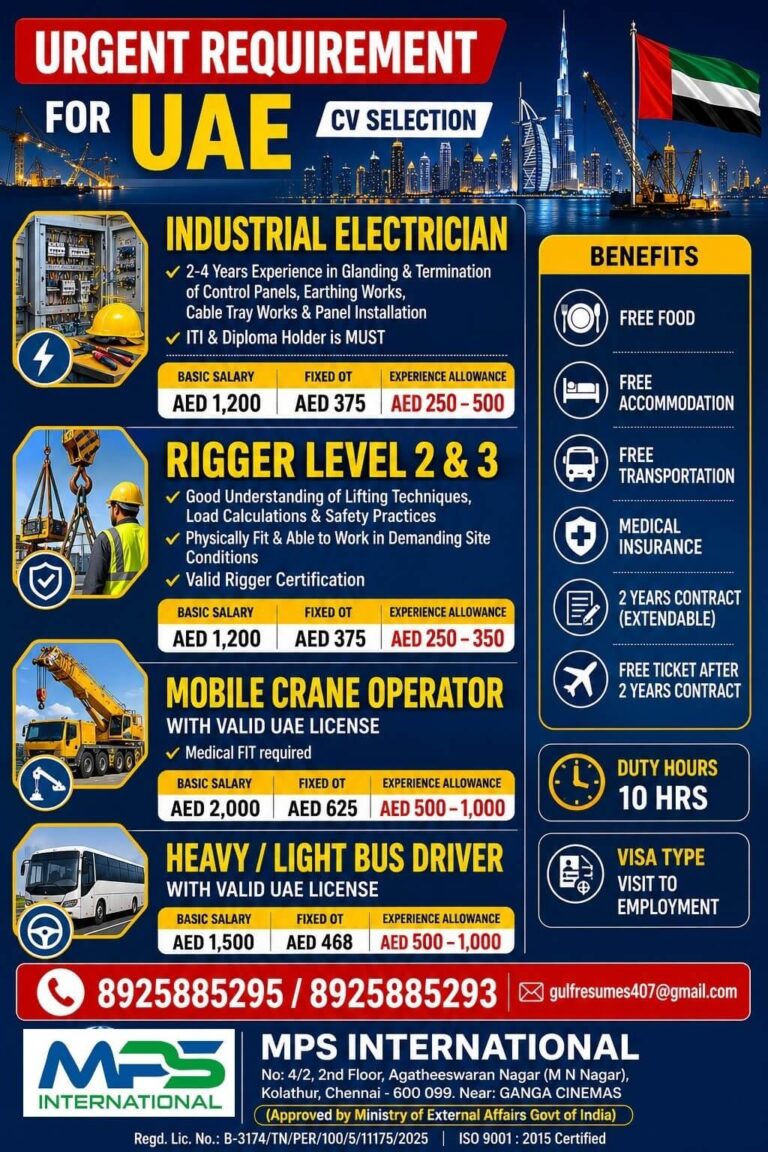 UAE Industrial & Construction Jobs 2026 – Urgent Recruitment for Electricians, Riggers, Crane Operators & Bus Drivers