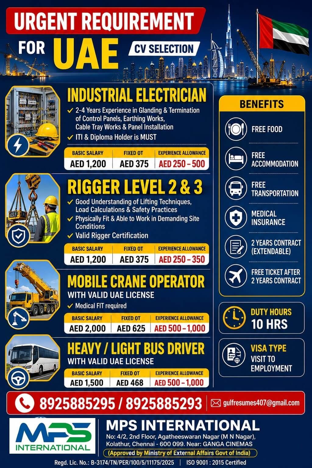 UAE Industrial & Construction Jobs 2026 – Urgent Recruitment for Electricians, Riggers, Crane Operators & Bus Drivers
