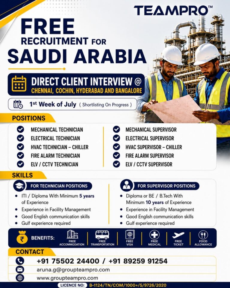 Saudi Arabia Facility Management Jobs 2026 – Free Recruitment | Direct Client Interview in Chennai, Cochin, Hyderabad & Bangalore