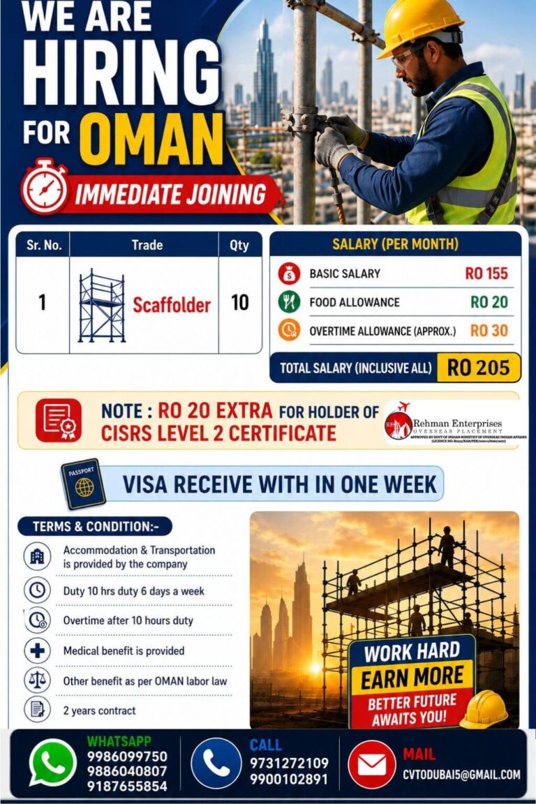 Oman Scaffolder Jobs 2026 – Immediate Hiring | Salary Up to RO 205 Per Month