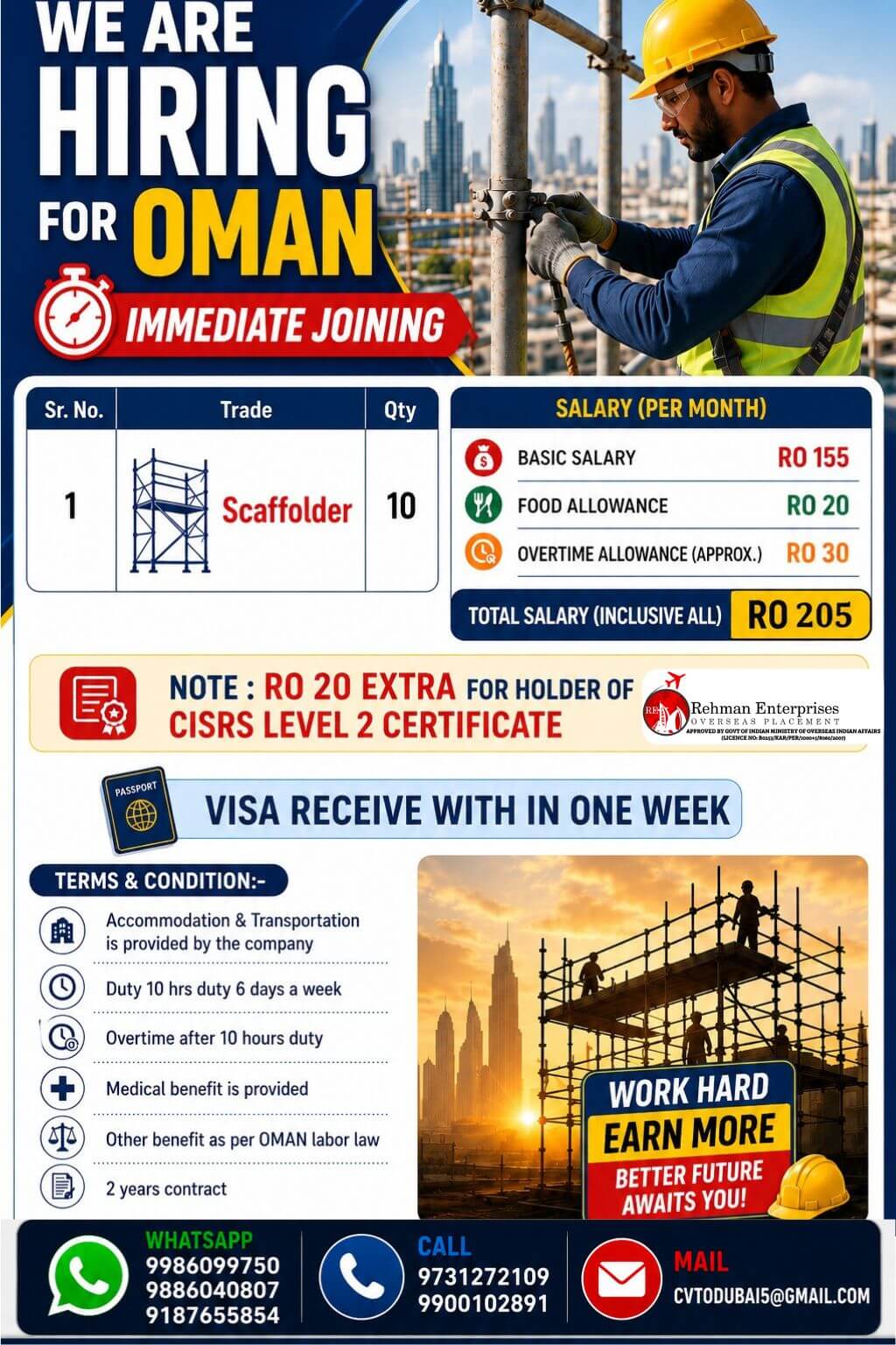 Oman Scaffolder Jobs 2026 – Immediate Hiring | Salary Up to RO 205 Per Month