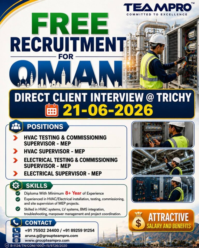 Oman MEP Jobs 2026 – Free Recruitment | Direct Client Interview at Trichy on 21 June 2026