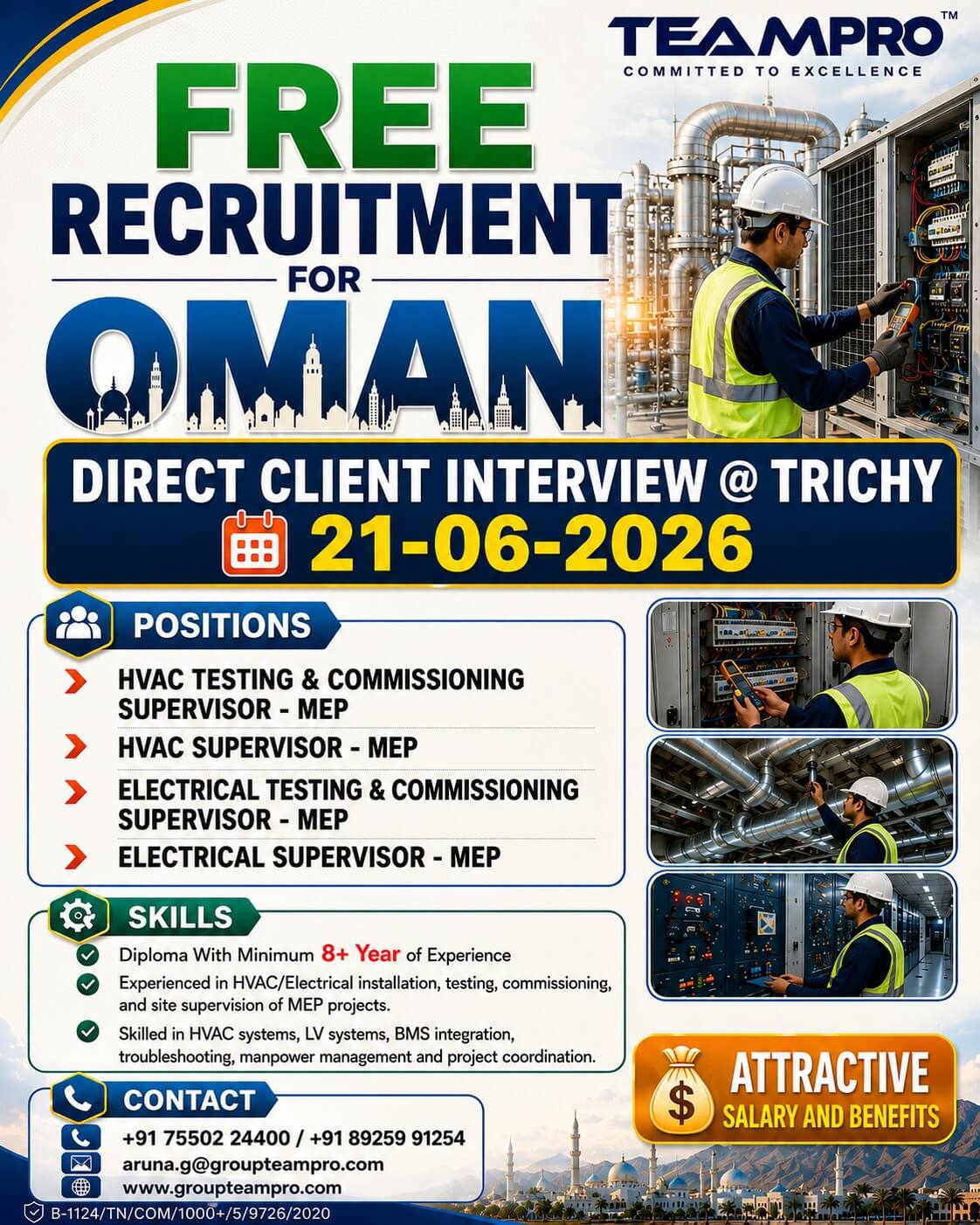 Oman MEP Jobs 2026 – Free Recruitment | Direct Client Interview at Trichy on 21 June 2026