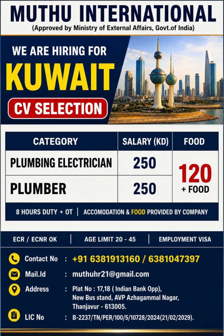 Kuwait Jobs 2026 – Hiring Plumbing Electricians and Plumbers | CV Selection