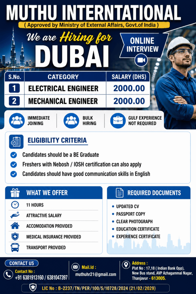Dubai Engineering Jobs 2026 – Electrical & Mechanical Engineers Required | Online Interview