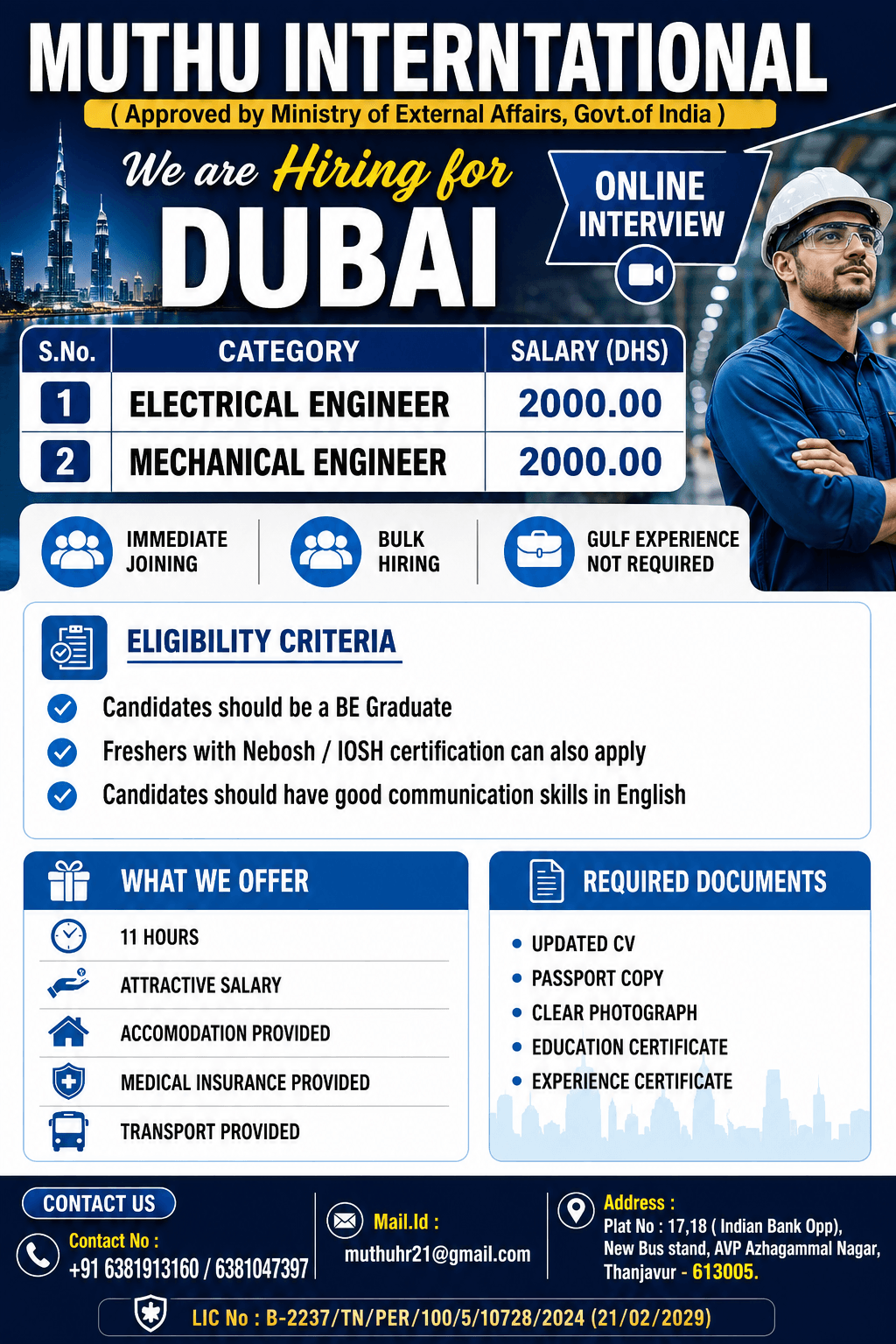Dubai Engineering Jobs 2026 – Electrical & Mechanical Engineers Required | Online Interview