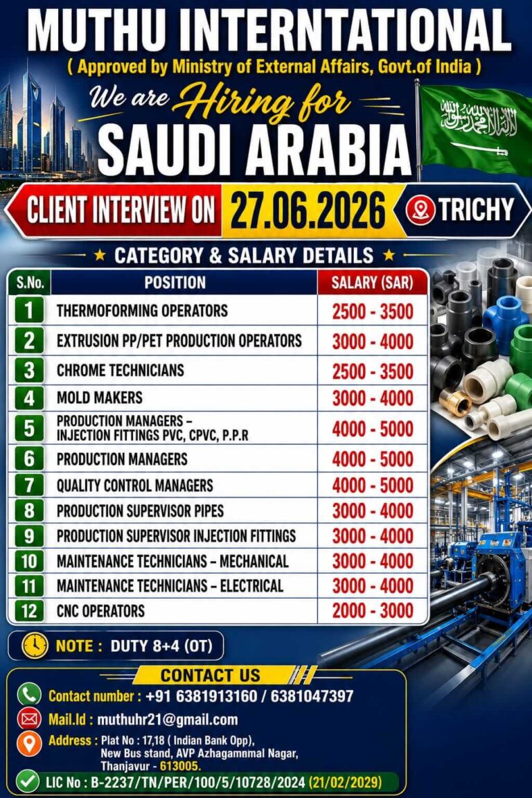 Saudi Arabia Plastic Manufacturing Jobs 2026 – Client Interview on 27 June 2026 in Trichy