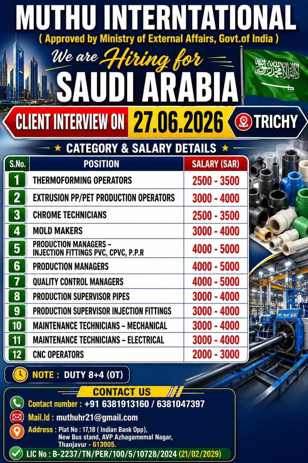 Saudi Arabia Plastic Manufacturing Jobs 2026 – Client Interview on 27 June 2026 in Trichy