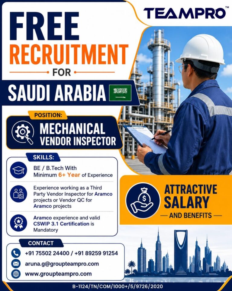 Mechanical Vendor Inspector Jobs in Saudi Arabia 2026 – Free Recruitment