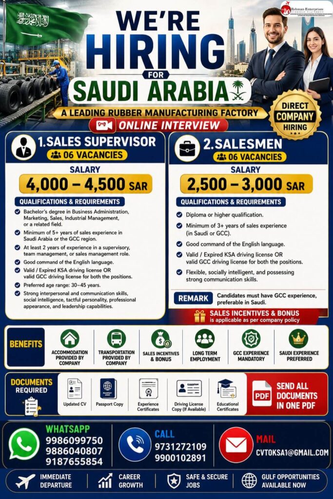 Saudi Arabia Rubber Manufacturing Factory Recruitment 2026 – Sales Supervisor & Salesmen Jobs | Online Interview 1 Saudi Arabia Rubber Manufacturing Factory Recruitment 2026 – Sales Supervisor & Salesmen Jobs | Online Interview