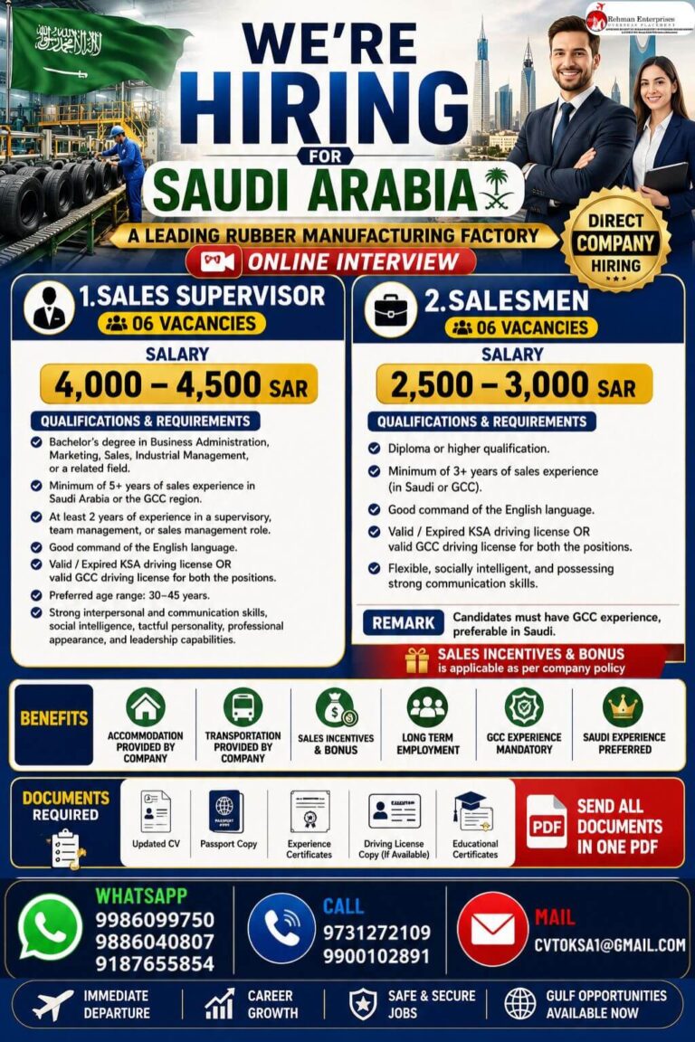Saudi Arabia Rubber Manufacturing Factory Recruitment 2026 – Sales Supervisor & Salesmen Jobs | Online Interview