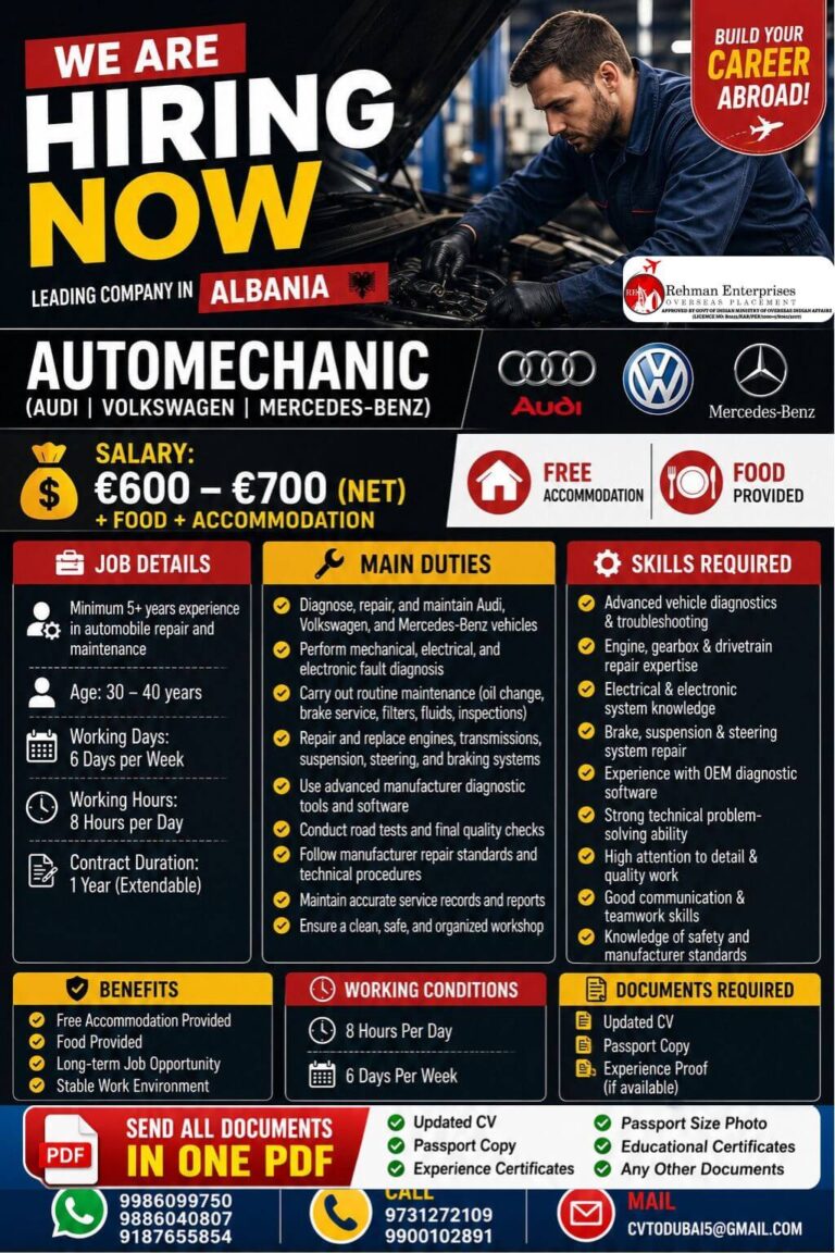 Auto Mechanic Jobs in Albania 2026 – Audi, Volkswagen & Mercedes-Benz | Apply Now