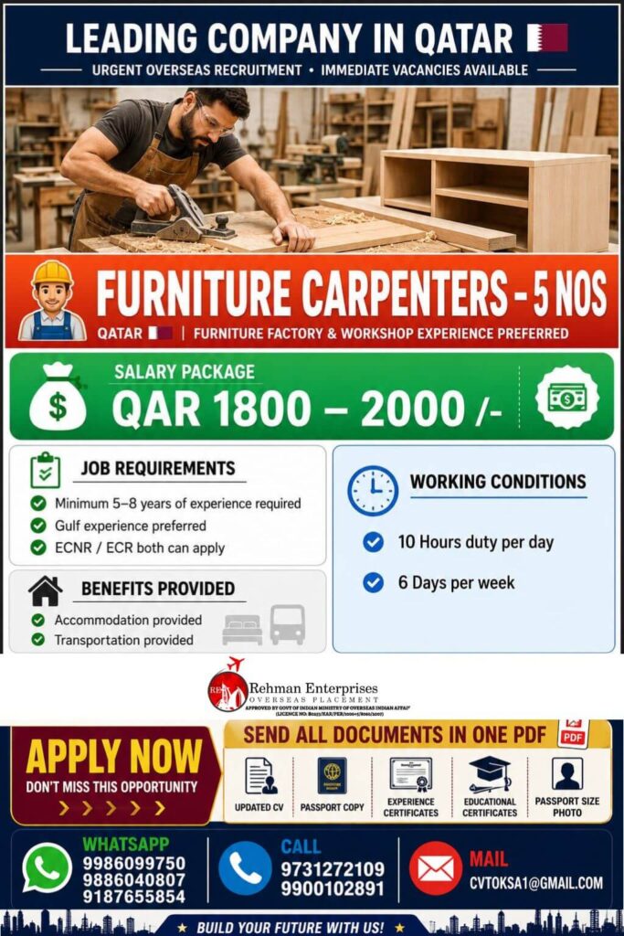 Furniture Carpenter Jobs in Qatar 2026 – Apply for 5 Vacancies | Salary Up to QAR 2000