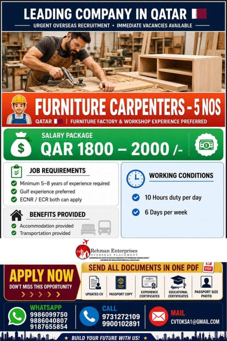 Furniture Carpenter Jobs in Qatar 2026 – Apply for 5 Vacancies | Salary Up to QAR 2000