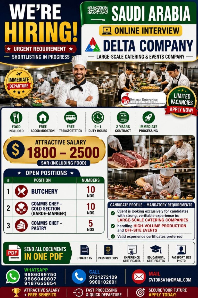Saudi Arabia Catering Jobs 2026 – Delta Company Hiring Butchery & Commis Chefs | Online Interview