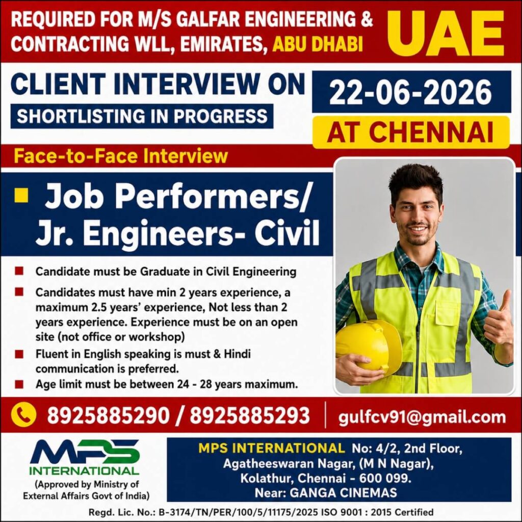 Galfar Engineering & Contracting WLL UAE Recruitment 2026 – Civil Engineers & Job Performers Required | Client Interview on 22 June 2026