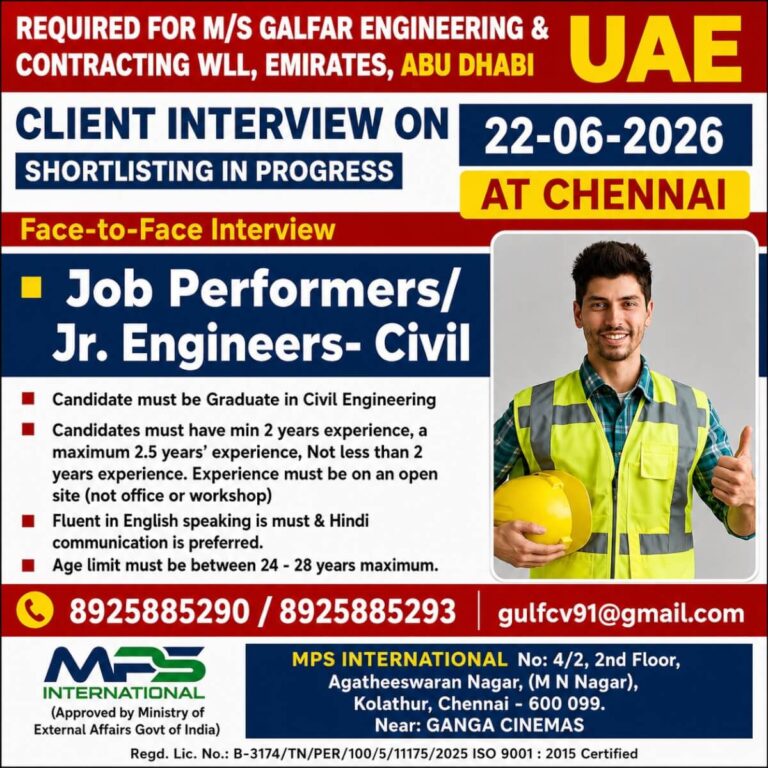 Galfar Engineering & Contracting WLL UAE Recruitment 2026 – Civil Engineers & Job Performers Required | Client Interview on 22 June 2026
