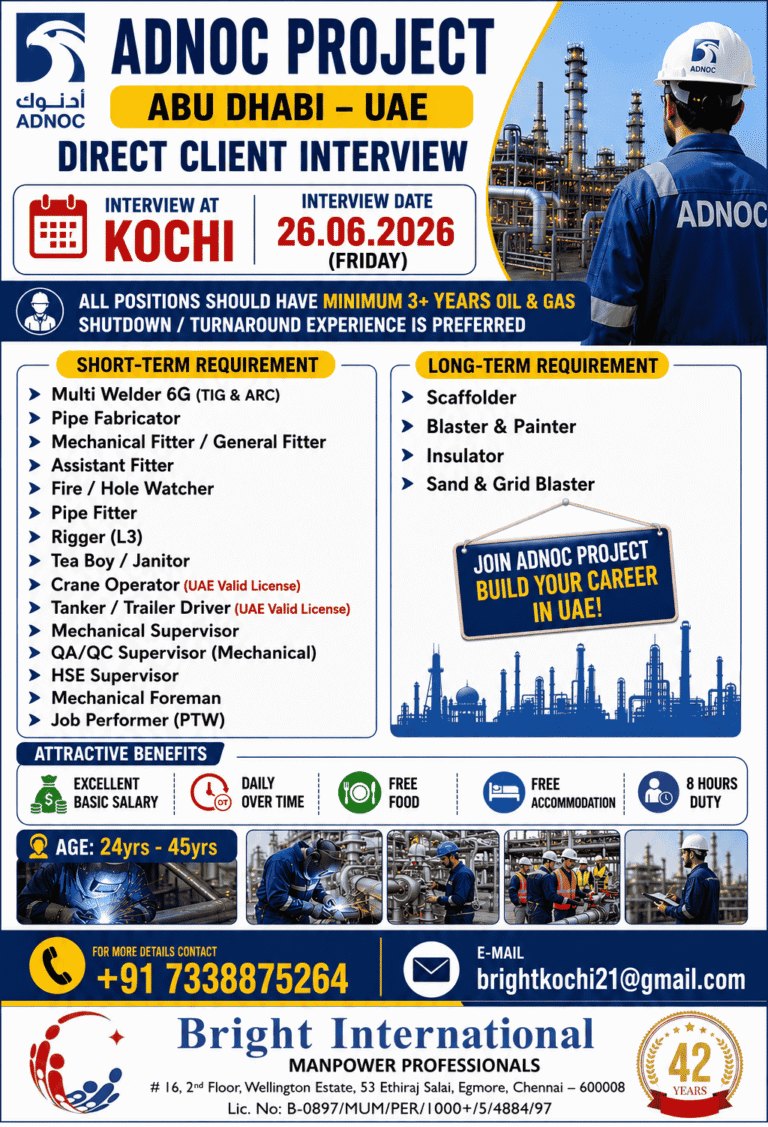 ADNOC Project Abu Dhabi UAE Recruitment 2026 – Direct Client Interview in Kochi on 26 June 2026