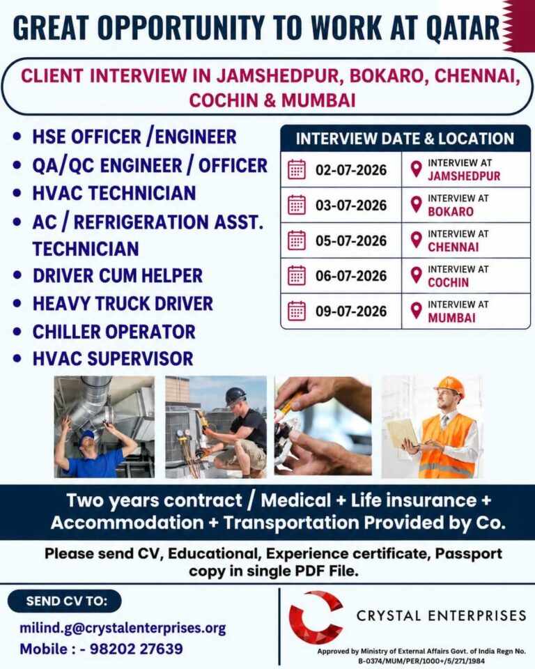 Qatar HVAC, QA/QC & Driver Jobs 2026 – Client Interviews in Jamshedpur, Bokaro, Chennai, Cochin & Mumbai
