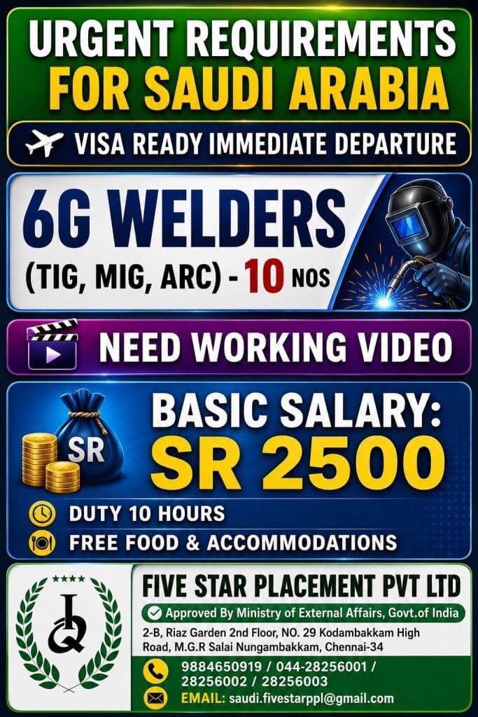 Urgent Recruitment for 6G Welders in Saudi Arabia – Visa Ready | Immediate Departure