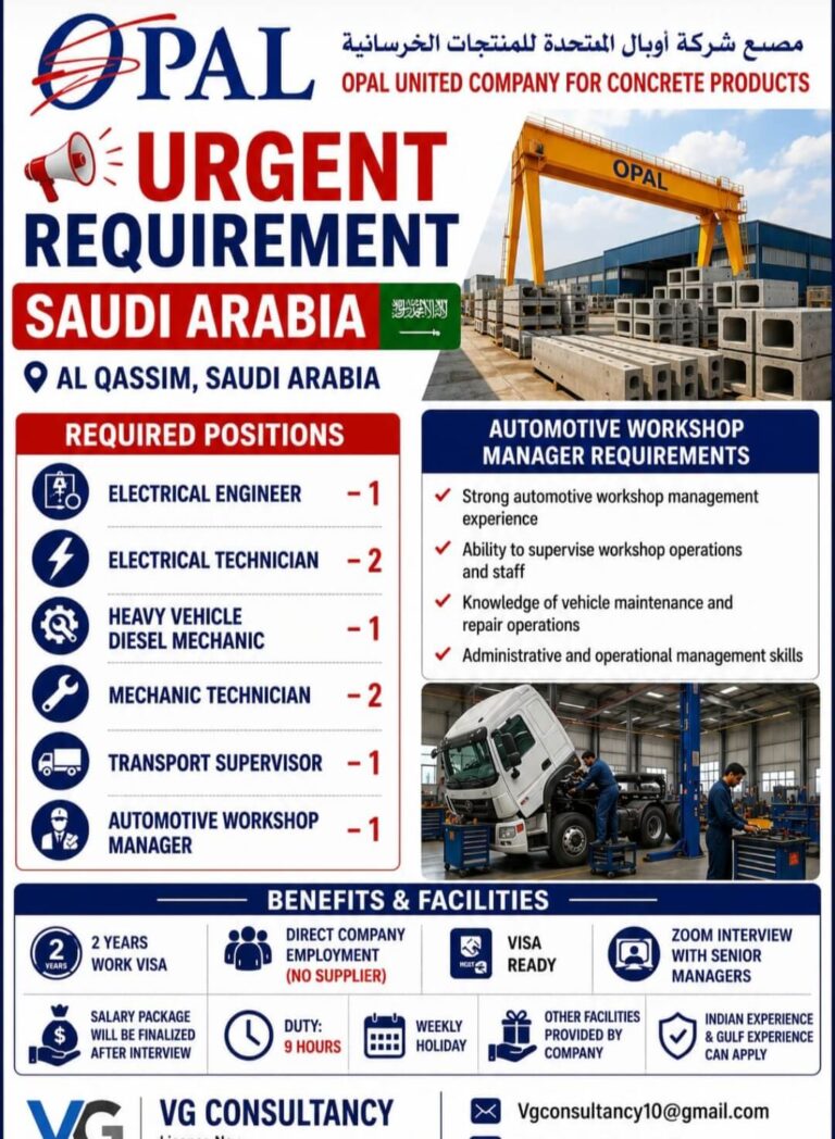 OPAL United Company for Concrete Products Jobs in Saudi Arabia 2026 – Apply for Engineering, Mechanical & Transport Positions