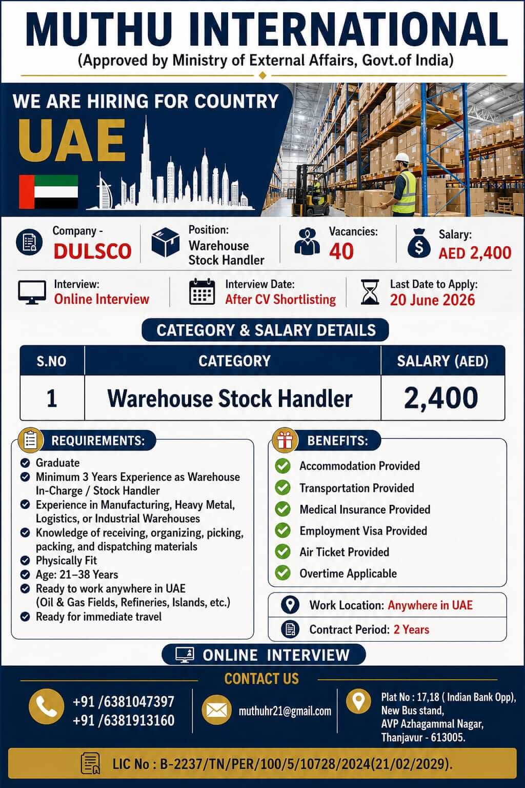 UAE Warehouse Stock Handler Jobs 2026 – DULSCO Recruitment | Salary AED 2,400 | Online Interview