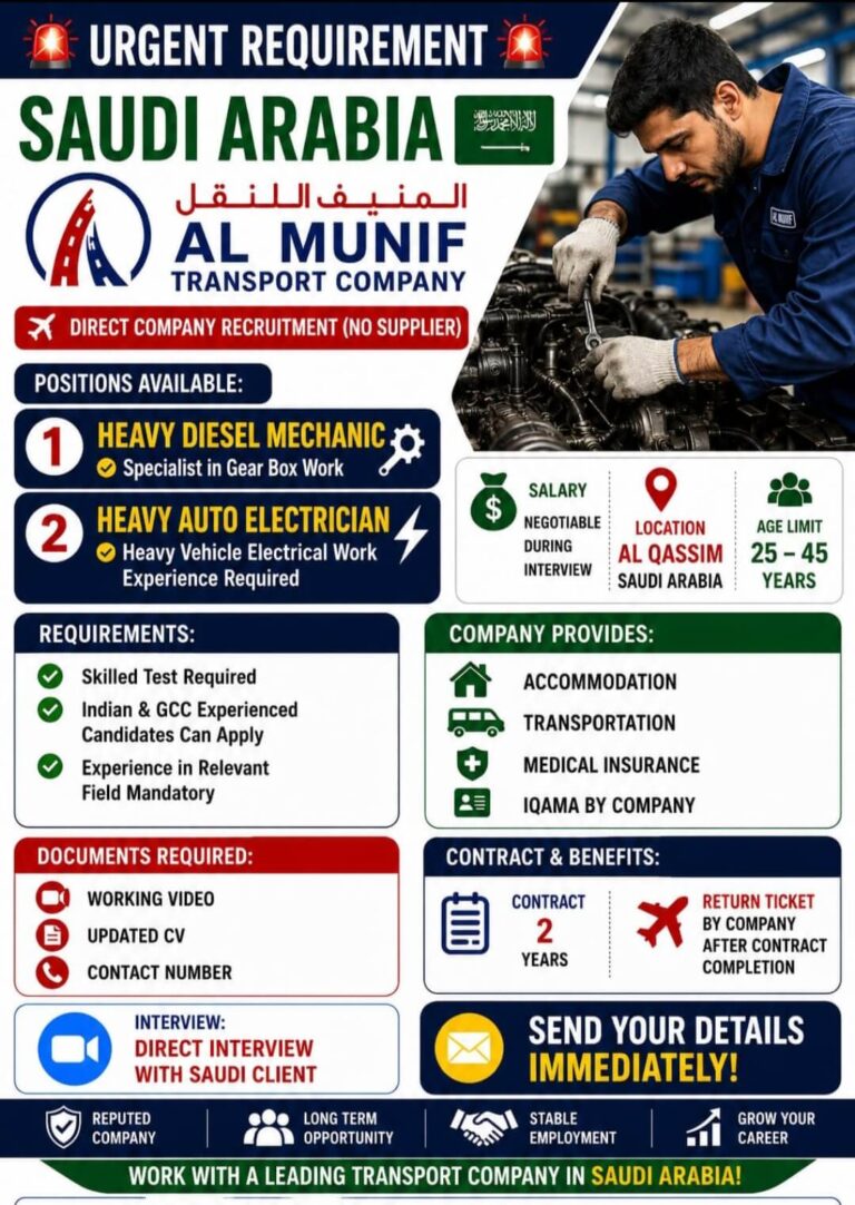 Saudi Arabia Urgent Recruitment 2026 – Al Munif Transport Company Hiring Heavy Diesel Mechanics & Auto Electricians