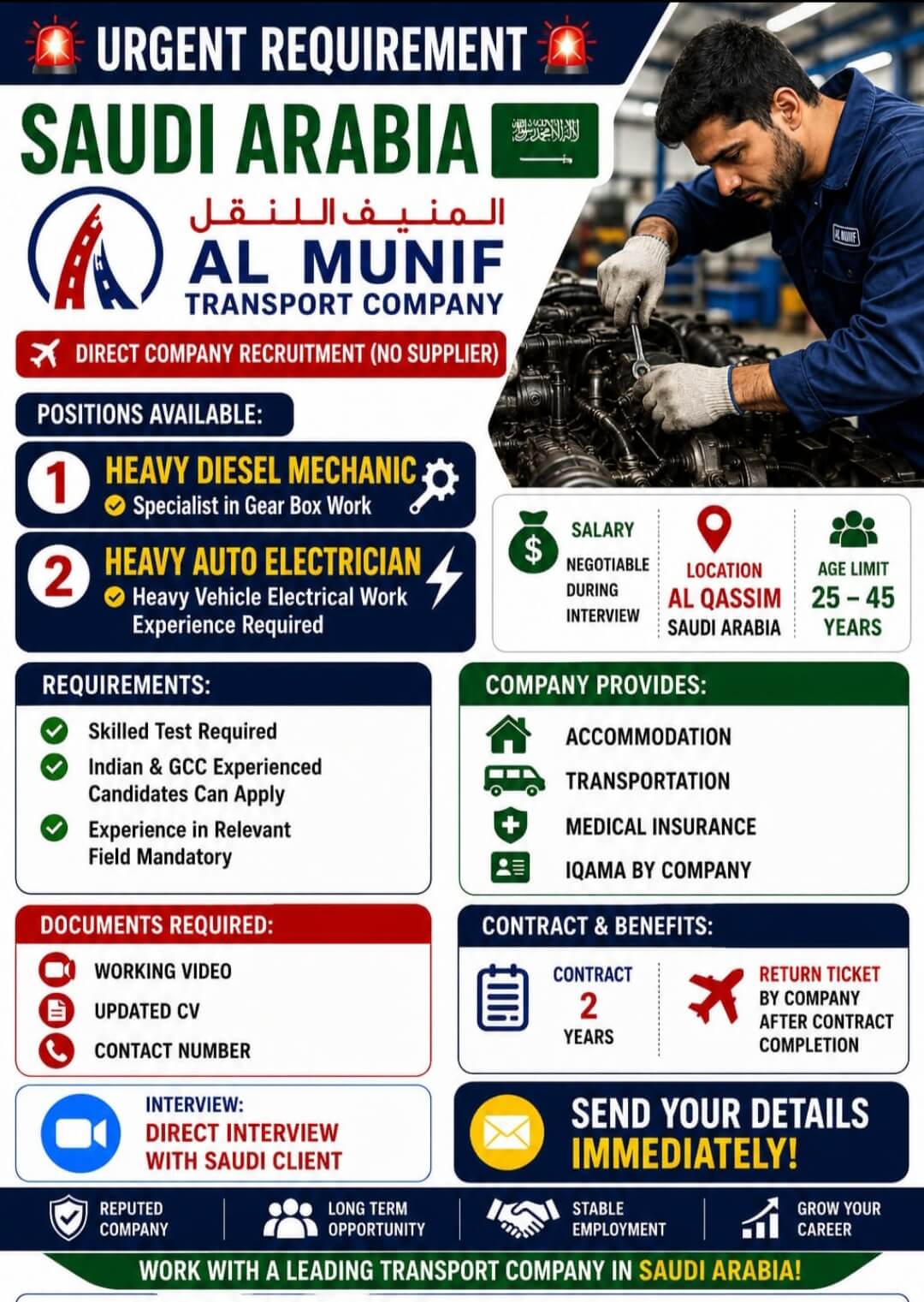 Saudi Arabia Urgent Recruitment 2026 – Al Munif Transport Company Hiring Heavy Diesel Mechanics & Auto Electricians